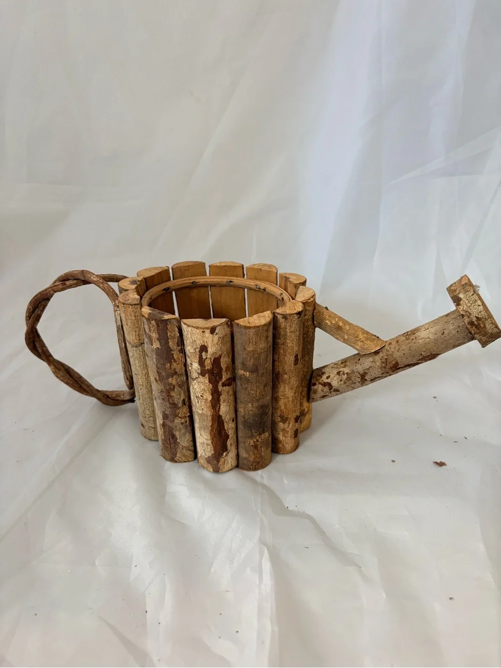 Rustic Birch Wood Watering Can Planter - Brown